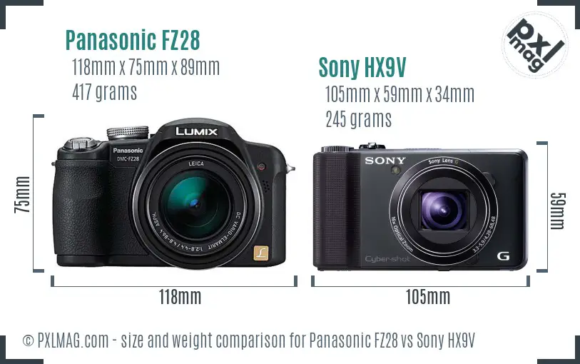 Panasonic FZ28 vs Sony HX9V size comparison