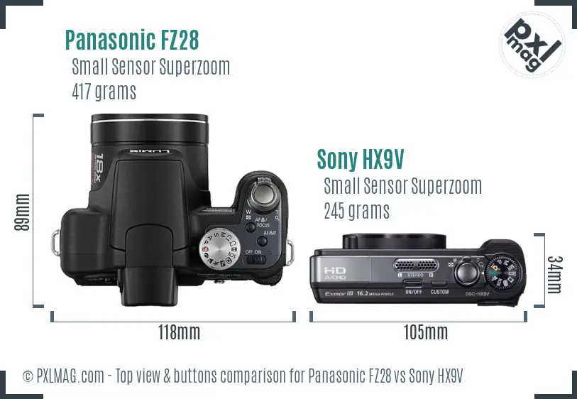 Panasonic FZ28 vs Sony HX9V top view buttons comparison