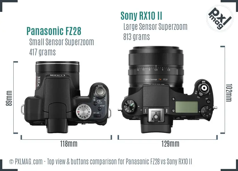 Panasonic FZ28 vs Sony RX10 II top view buttons comparison Panasonic FZ28 vs Sony RX10 II top view buttons comparison
