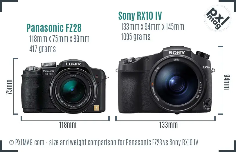 Panasonic FZ28 vs Sony RX10 IV size comparison