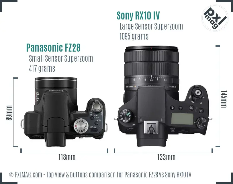 Panasonic FZ28 vs Sony RX10 IV top view buttons comparison