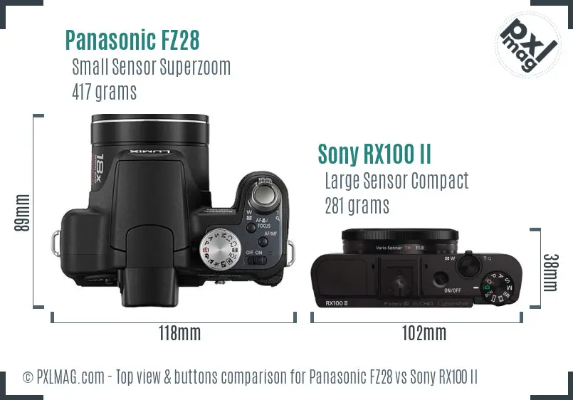 Panasonic FZ28 vs Sony RX100 II top view buttons comparison