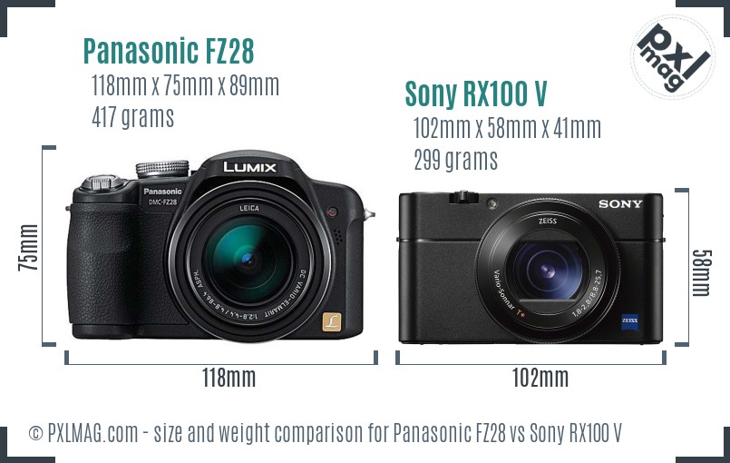 Panasonic FZ28 vs Sony RX100 V size comparison