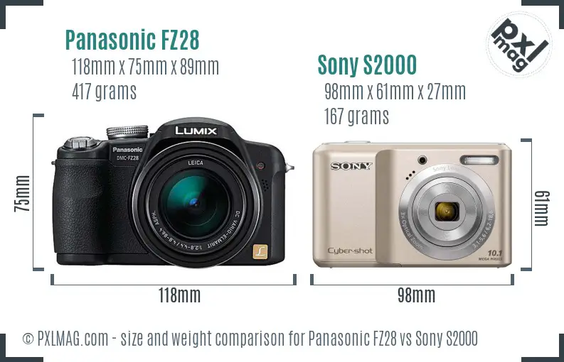 Panasonic FZ28 vs Sony S2000 size comparison