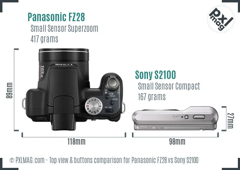 Panasonic FZ28 vs Sony S2100 top view buttons comparison