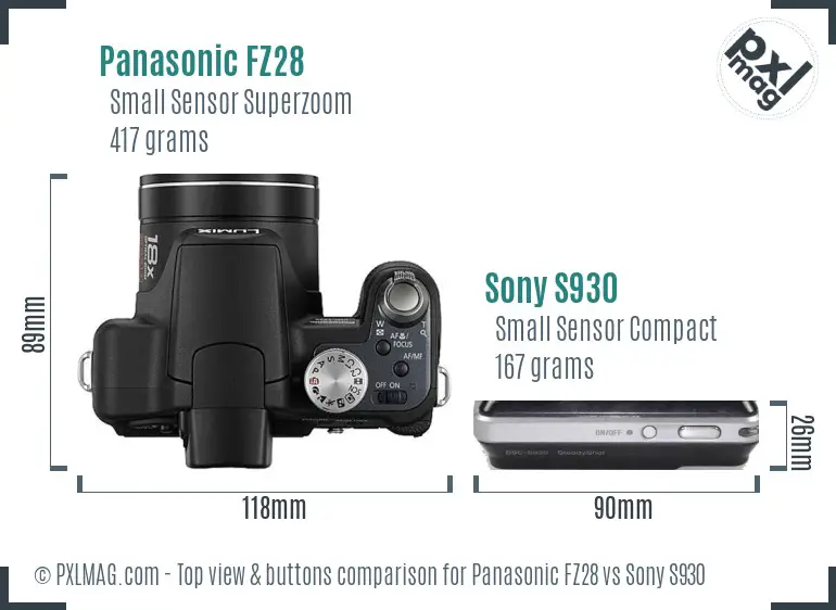Panasonic FZ28 vs Sony S930 top view buttons comparison Panasonic FZ28 vs Sony S930 top view buttons comparison