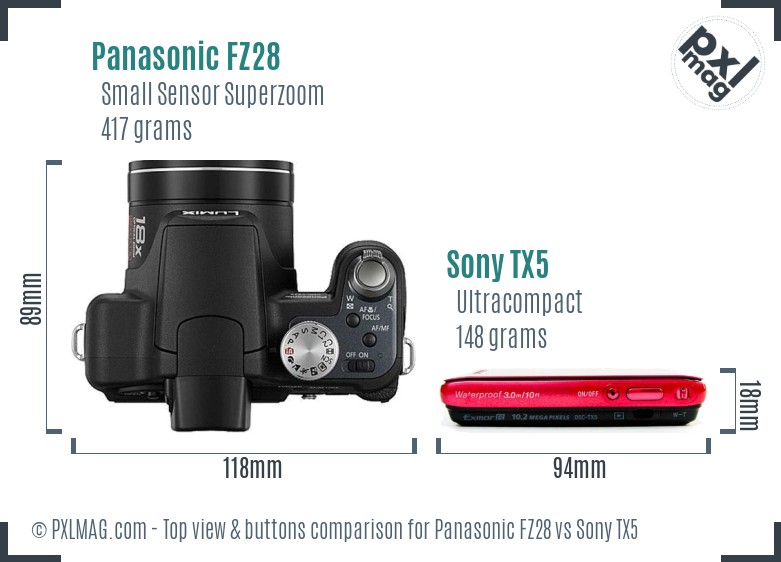 Panasonic FZ28 vs Sony TX5 top view buttons comparison