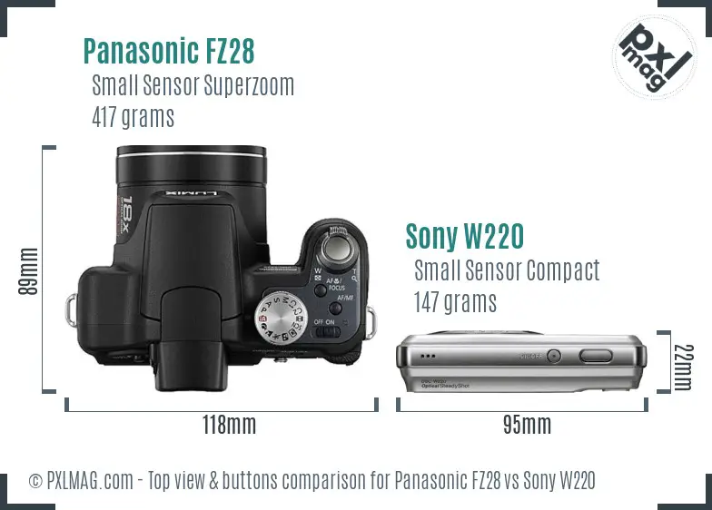Panasonic FZ28 vs Sony W220 top view buttons comparison Panasonic FZ28 vs Sony W220 top view buttons comparison