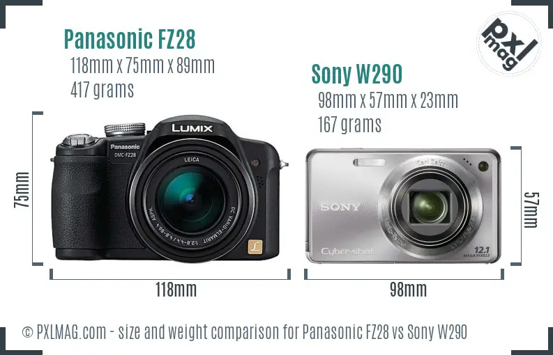 Panasonic FZ28 vs Sony W290 size comparison Panasonic FZ28 vs Sony W290 size comparison