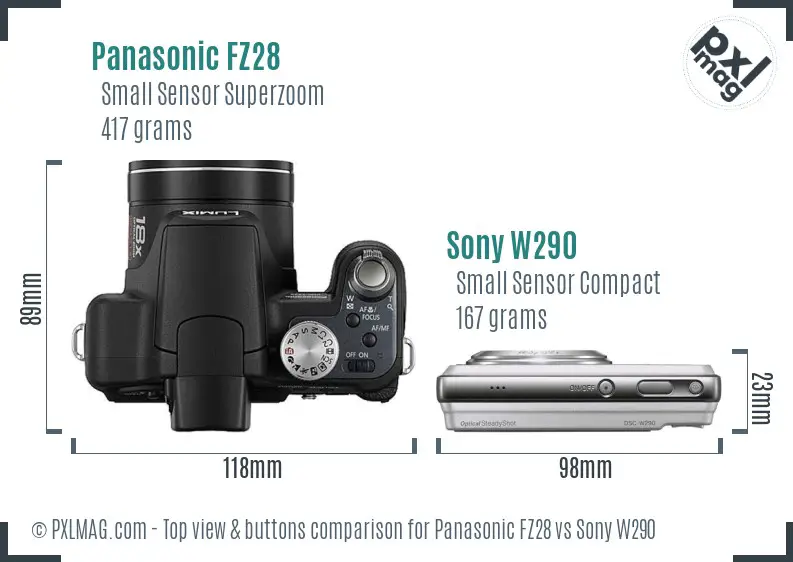Panasonic FZ28 vs Sony W290 top view buttons comparison Panasonic FZ28 vs Sony W290 top view buttons comparison