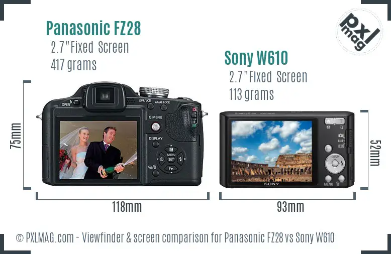Panasonic FZ28 vs Sony W610 Screen and Viewfinder comparison