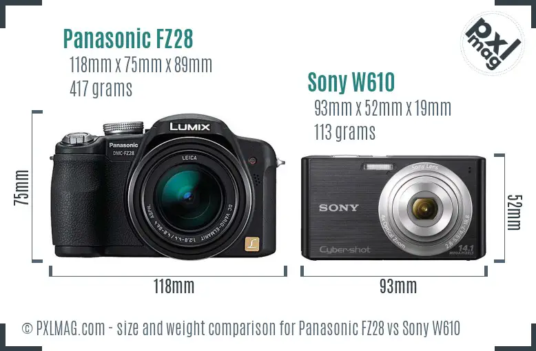 Panasonic FZ28 vs Sony W610 size comparison