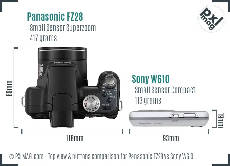 Panasonic FZ28 vs Sony W610 top view buttons comparison
