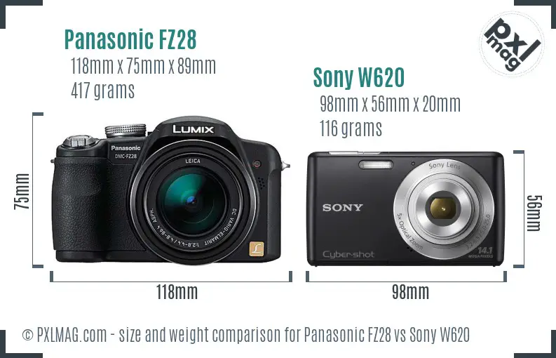 Panasonic FZ28 vs Sony W620 size comparison Panasonic FZ28 vs Sony W620 size comparison
