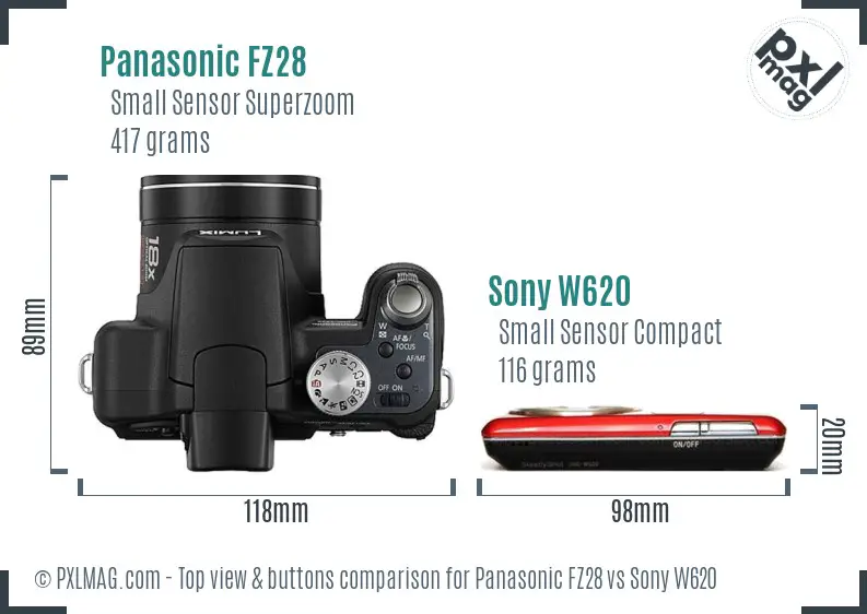 Panasonic FZ28 vs Sony W620 top view buttons comparison Panasonic FZ28 vs Sony W620 top view buttons comparison