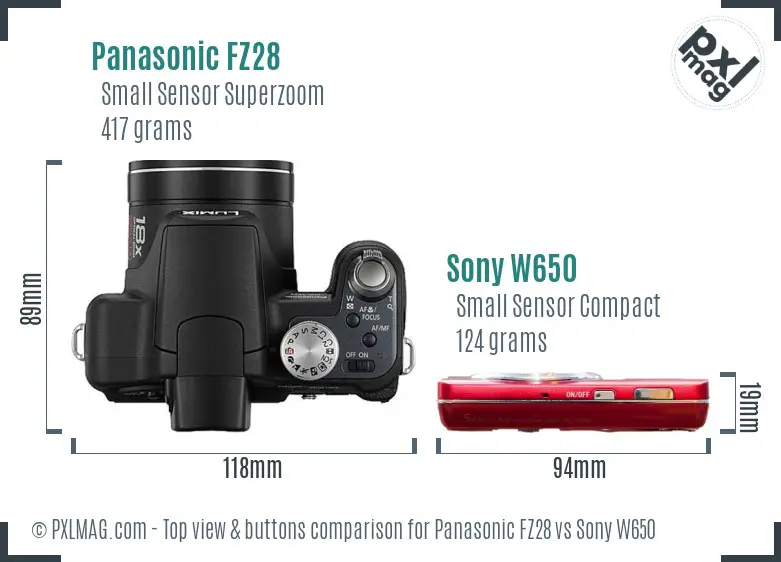 Panasonic FZ28 vs Sony W650 top view buttons comparison