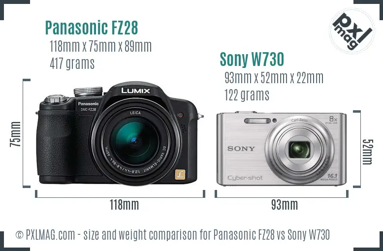 Panasonic FZ28 vs Sony W730 size comparison