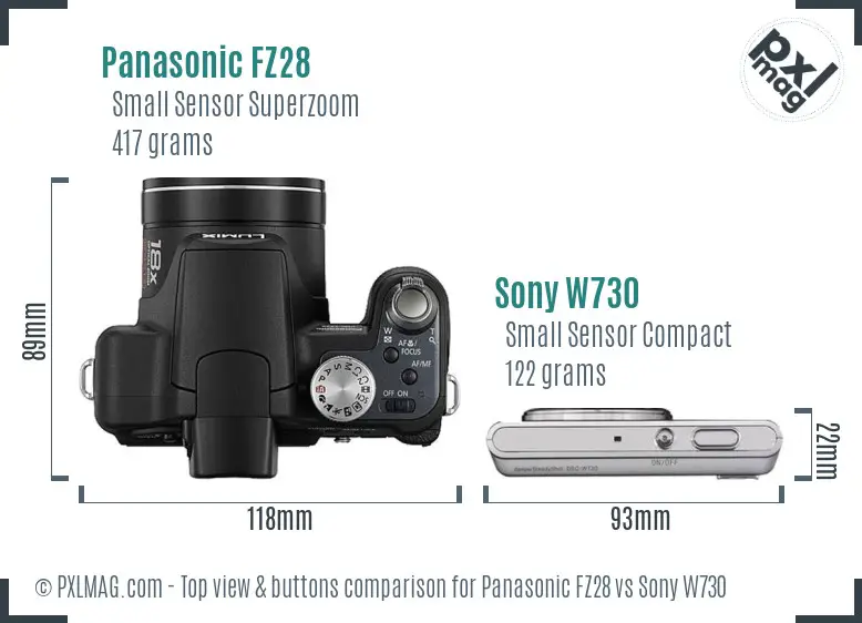 Panasonic FZ28 vs Sony W730 top view buttons comparison