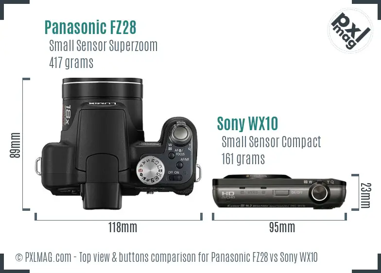 Panasonic FZ28 vs Sony WX10 top view buttons comparison Panasonic FZ28 vs Sony WX10 top view buttons comparison