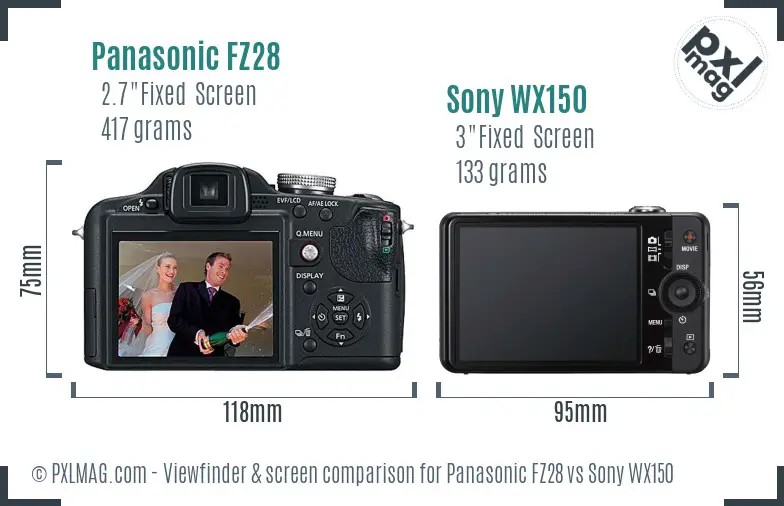 Panasonic FZ28 vs Sony WX150 Screen and Viewfinder comparison