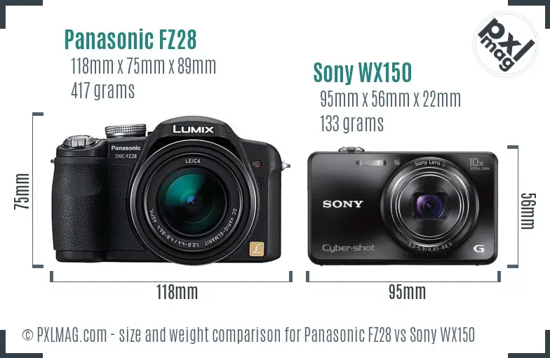 Panasonic FZ28 vs Sony WX150 size comparison