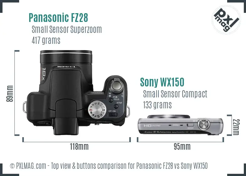 Panasonic FZ28 vs Sony WX150 top view buttons comparison