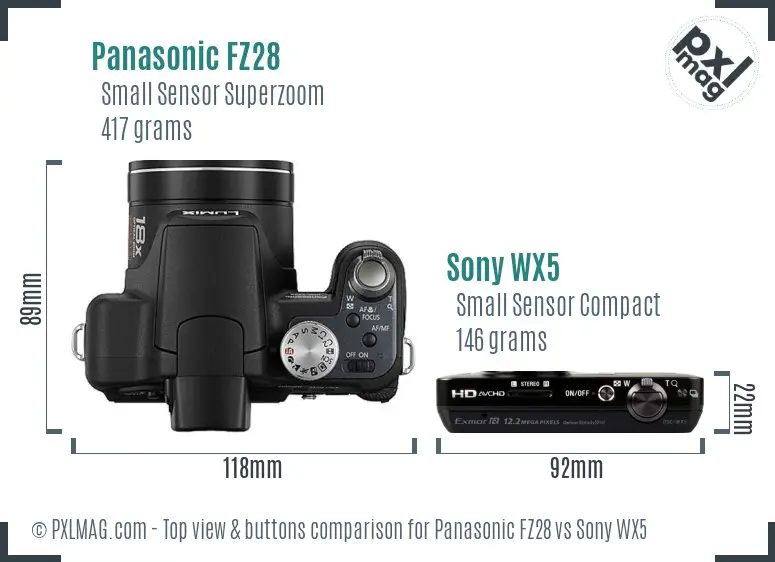 Panasonic FZ28 vs Sony WX5 top view buttons comparison