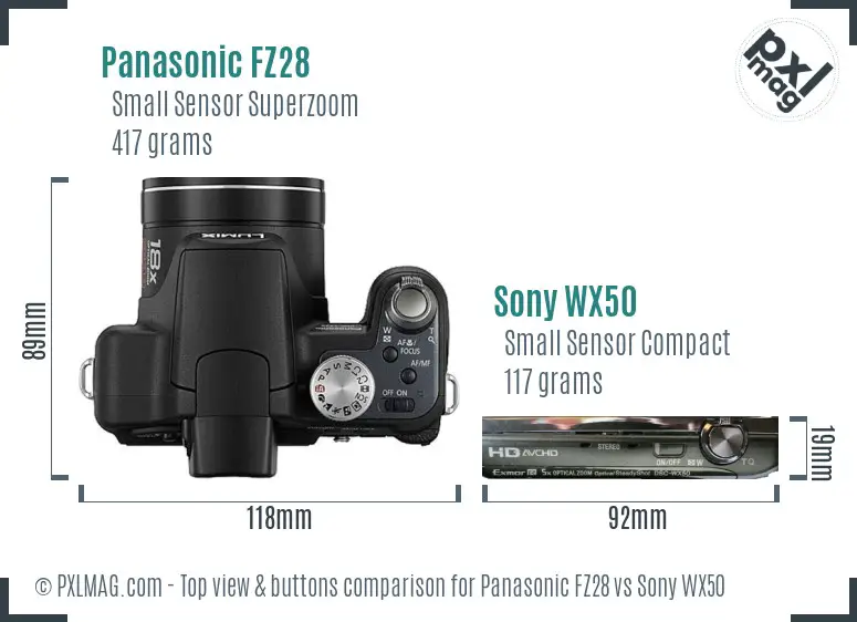 Panasonic FZ28 vs Sony WX50 top view buttons comparison