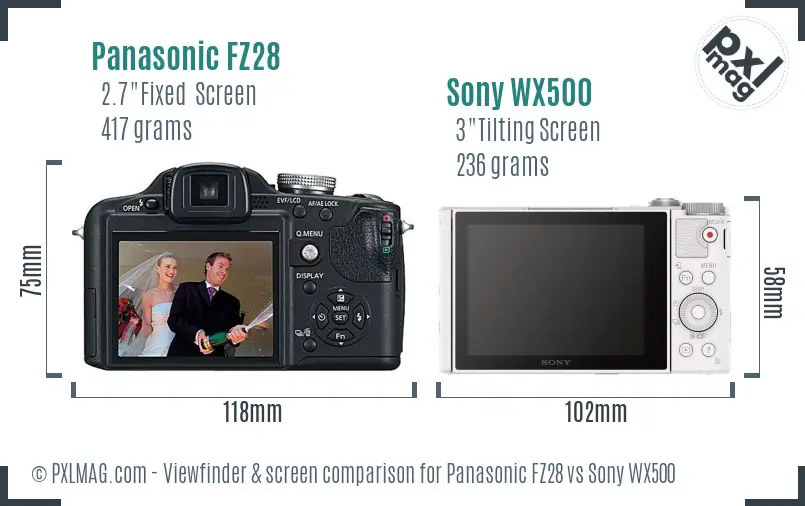 Panasonic FZ28 vs Sony WX500 Screen and Viewfinder comparison