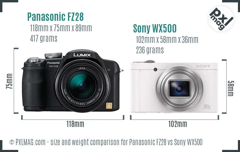 Panasonic FZ28 vs Sony WX500 size comparison