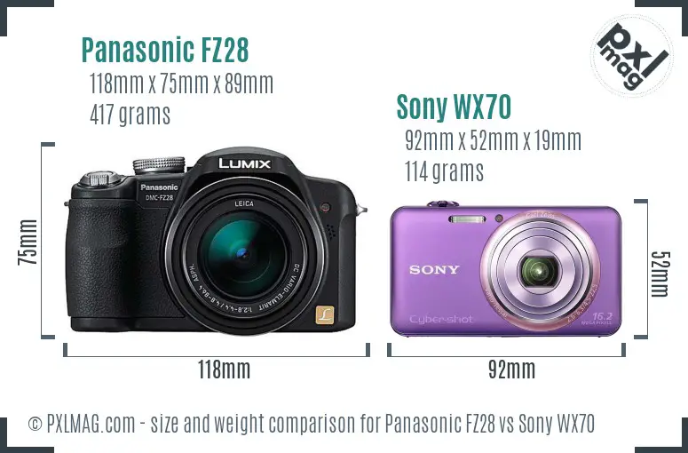 Panasonic FZ28 vs Sony WX70 size comparison