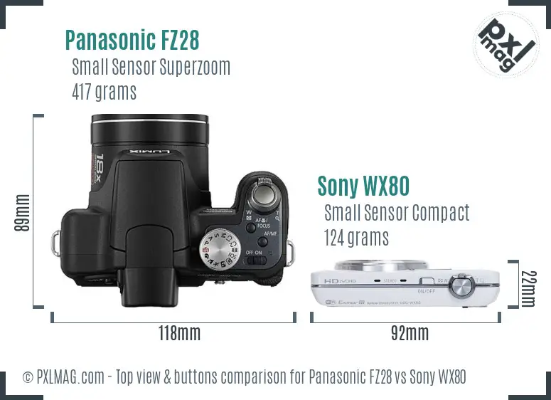 Panasonic FZ28 vs Sony WX80 top view buttons comparison