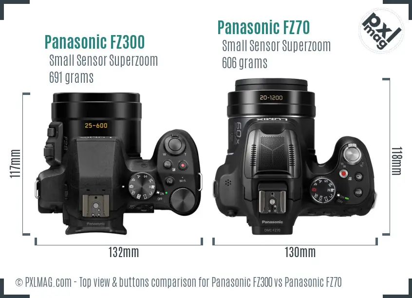 Panasonic FZ300 vs Panasonic FZ70 top view buttons comparison