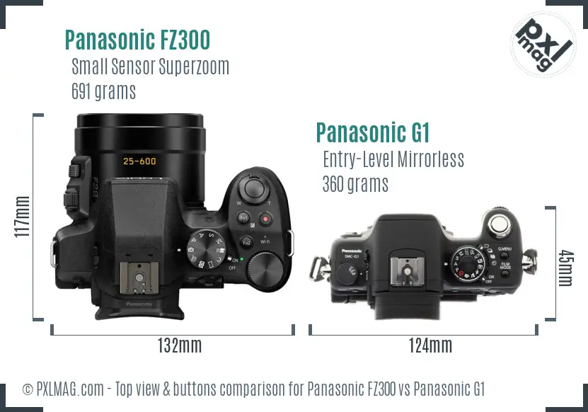 Panasonic FZ300 vs Panasonic G1 top view buttons comparison