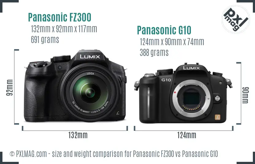 Panasonic FZ300 vs Panasonic G10 size comparison