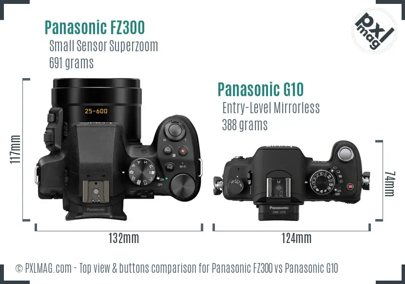 Panasonic FZ300 vs Panasonic G10 top view buttons comparison