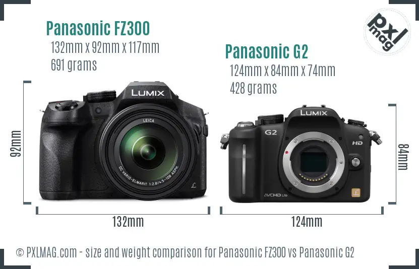 Panasonic FZ300 vs Panasonic G2 size comparison