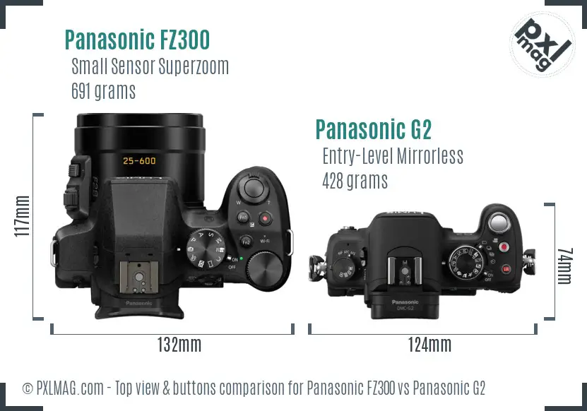 Panasonic FZ300 vs Panasonic G2 top view buttons comparison