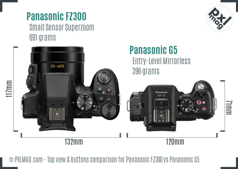 Panasonic FZ300 vs Panasonic G5 top view buttons comparison