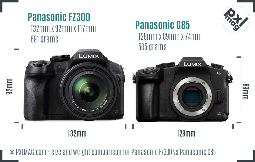 Panasonic FZ300 vs Panasonic G85 size comparison