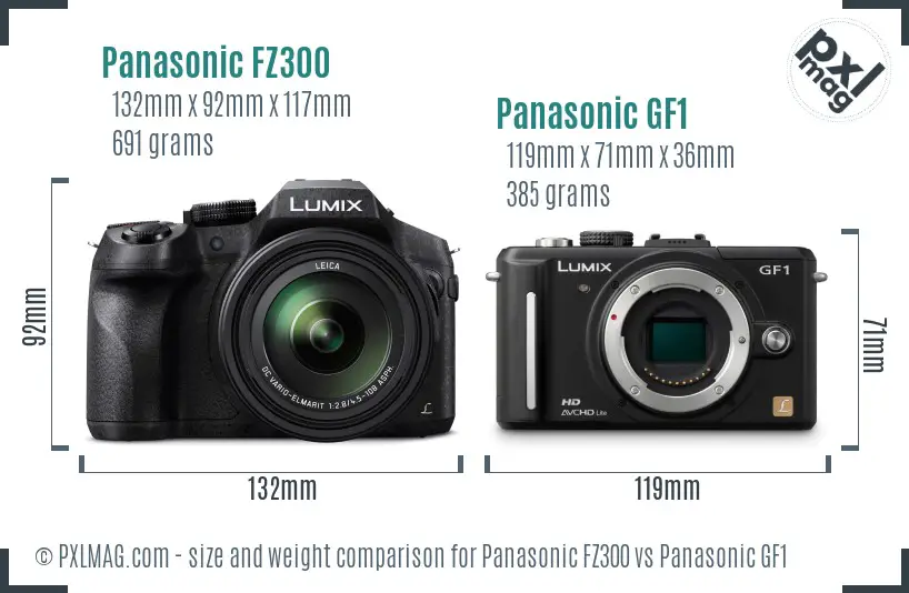 Panasonic FZ300 vs Panasonic GF1 size comparison