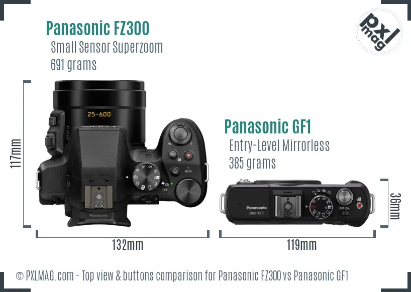 Panasonic FZ300 vs Panasonic GF1 top view buttons comparison