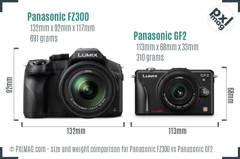 Panasonic FZ300 vs Panasonic GF2 size comparison