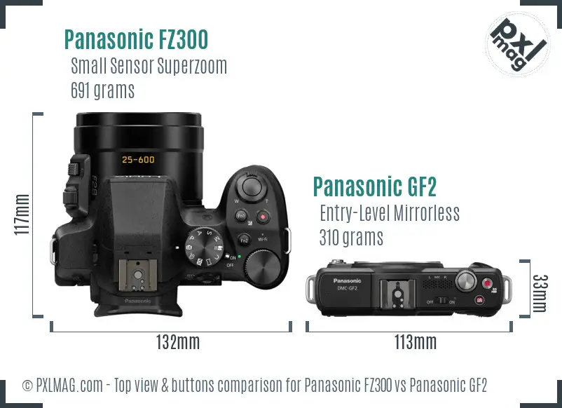 Panasonic FZ300 vs Panasonic GF2 top view buttons comparison