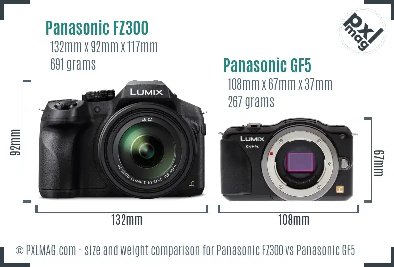 Panasonic FZ300 vs Panasonic GF5 size comparison