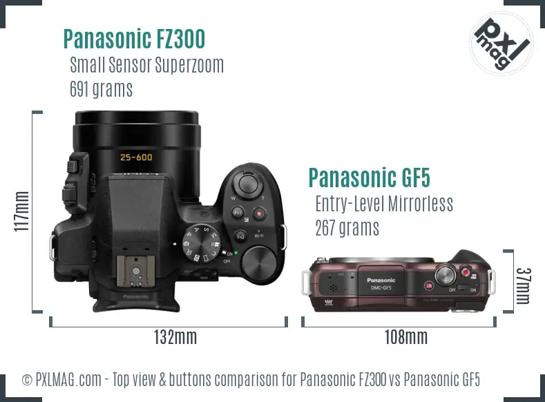 Panasonic FZ300 vs Panasonic GF5 top view buttons comparison