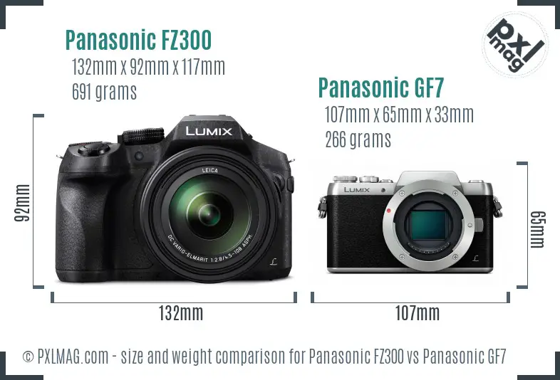 Panasonic FZ300 vs Panasonic GF7 size comparison