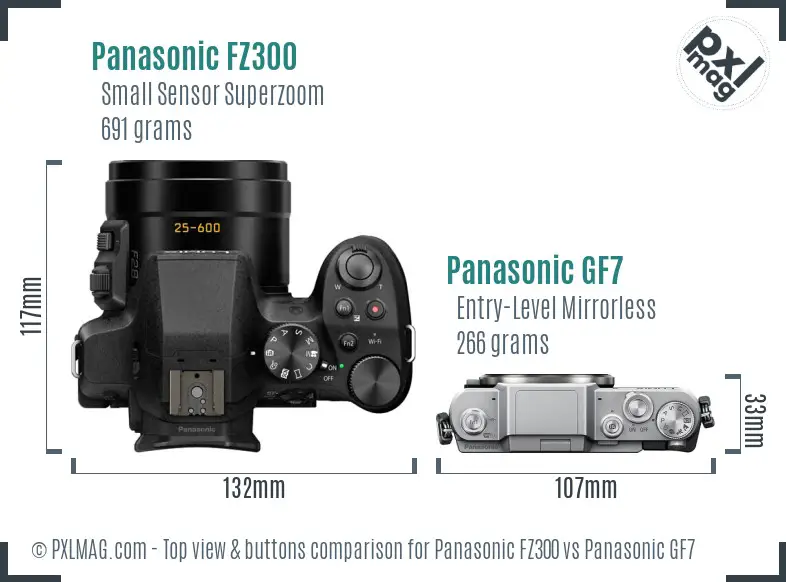 Panasonic FZ300 vs Panasonic GF7 top view buttons comparison