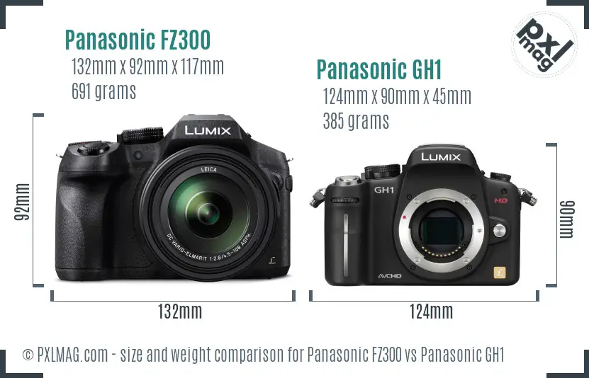 Panasonic FZ300 vs Panasonic GH1 size comparison