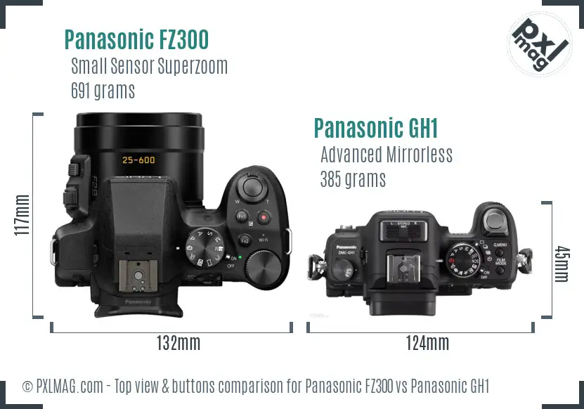 Panasonic FZ300 vs Panasonic GH1 top view buttons comparison